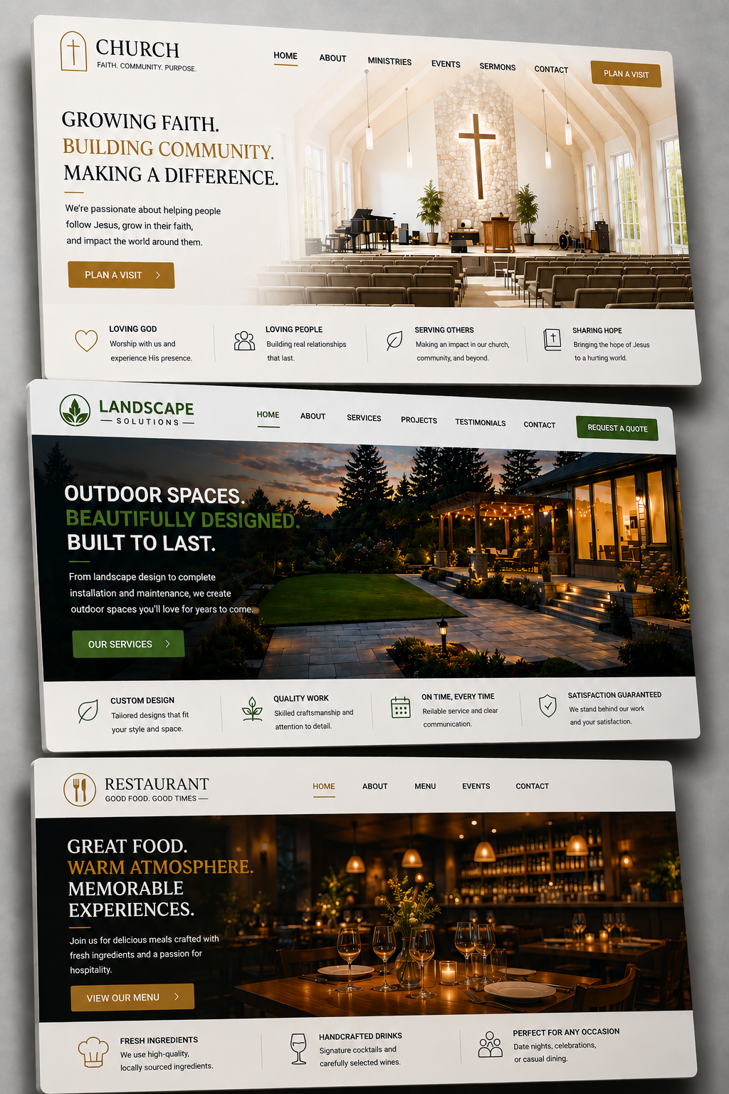 Responsive website designs displayed on a laptop, tablet, and phone