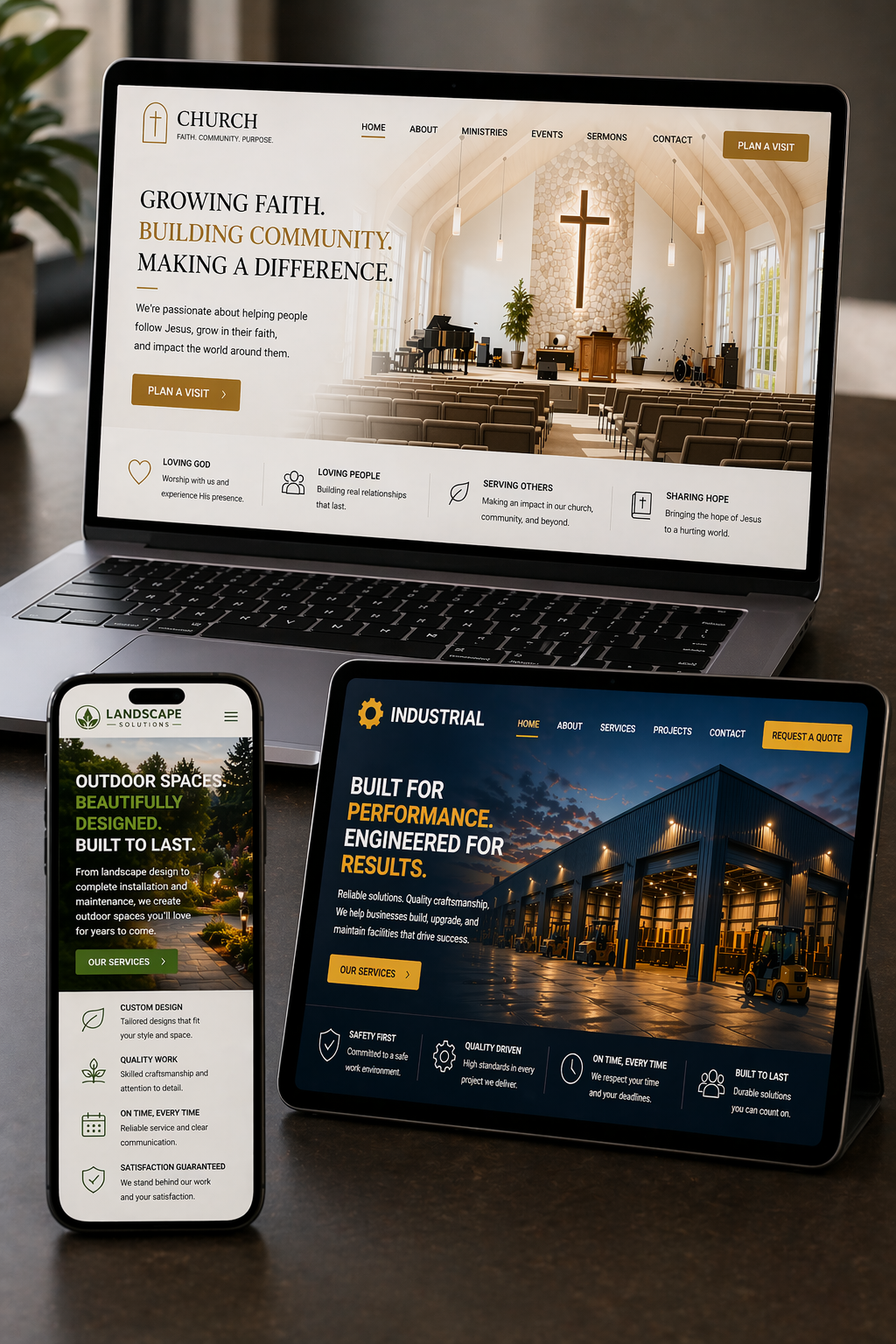 Small business website designs displayed across desktop, tablet, and mobile devices